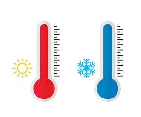 Hot and cold thermometers icon. Thermometer with scale measuring high and low temperature icon. Vector illustration