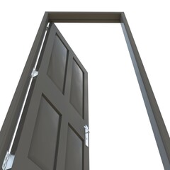 Gray door Opened Portal against Pure White Isolation