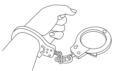 Man hand with handcuffs isolated line art vector.