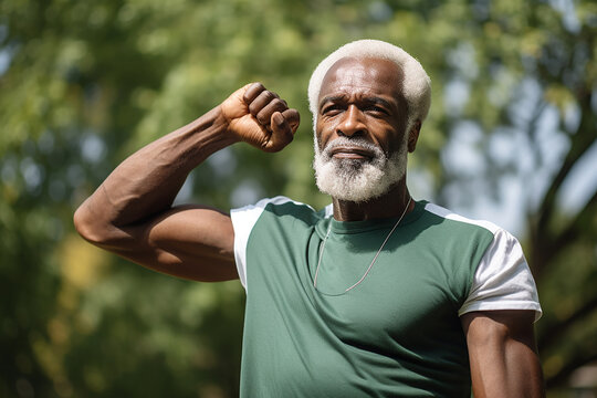 The portrait of the healthy muscular black old man posing to show his muscles at the park. AI generated. Generative AI.