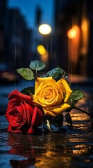 Two yellow roses and red roses lying wet on the street at night