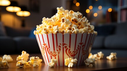 A Bowl of popcorn stands on the table in the living room for watching a movie time at home, background lights in cinema
