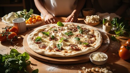 On the kitchen table at home, a person chef prepares a handmade pizza, puts the ingredients on the dough