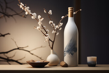 White unique sake bottle with sakura branches