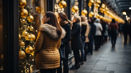 A crowd of people are queuing and looking at Christmas windows in anticipation of sales and discounts during the New Year season