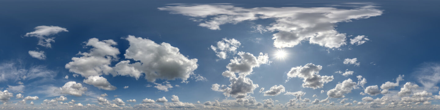 seamless cloudy blue sky 360 hdri panorama view with zenith and beautiful clouds for use in 3d graphics as sky dome replacement or edit drone shot