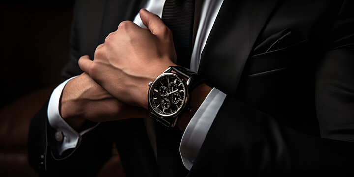 Businessman pointing at hand watch on background close-up,,Time Management in Business Watch Inspection