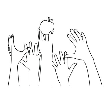 Many hands want to get apple line art vector.