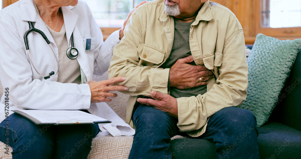 Wall mural Doctor, senior man and hand on chest for cardiology exam, consulting or advice for pain on sofa. Medic woman, elderly patient or check for cardiovascular system, lungs or breathing on couch at clinic