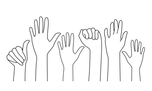 Many people's hands up isolated on white background. Various hands lifted up in the air. Line art vector Black and white .