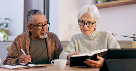 Senior couple, bible study and home with reading, writing and thinking with faith, worship or...