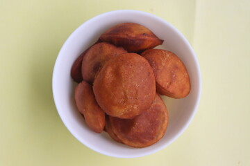 Mangalore Bun or Banana Poori, Sweet Banana buns, deep fried bread with whole wheat flour and mashed bananas, South Indian food