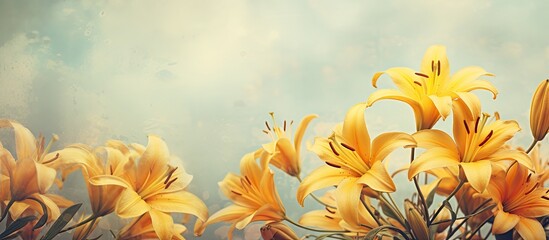 Digital illustration of vintage yellow lily flowers featuring a painting like effect achieved through photo manipulation