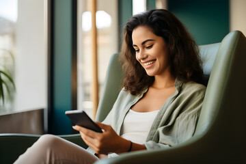 Young adult smiling pretty woman sitting on chair holding smartphone using cell phone modern technology, looking at mobile phone while remote working or learning, texting messages at home office