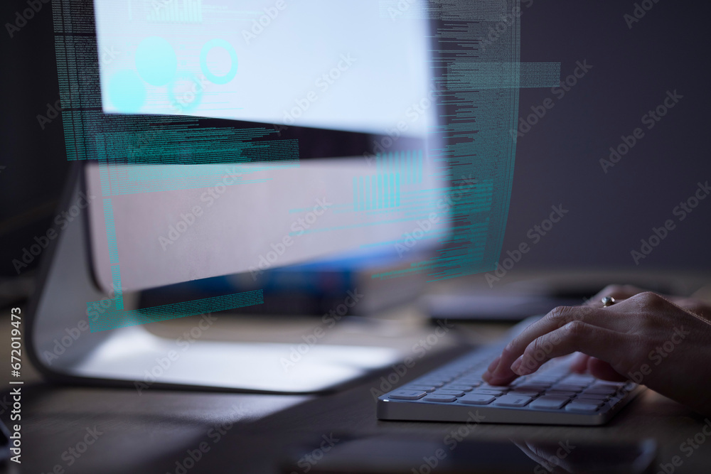 Poster Person coding website at night, hands typing on keyboard in the dark and internet technology with digital overlay. IT student working on project, online research on computer and future closeup