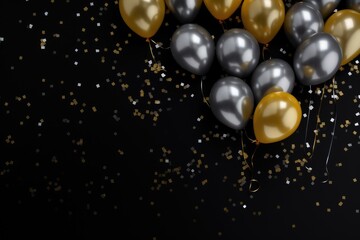 Gold and silver balloons with glittering confetti on isolated black background. Black Friday sale concept.