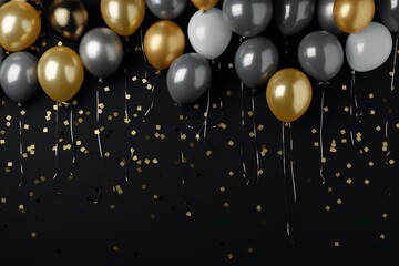 Gold and silver balloons with glittering confetti on isolated black background. Black Friday sale concept. - obrazy, fototapety, plakaty