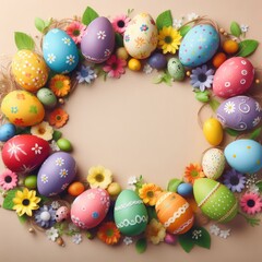 Fototapeta na wymiar A frame made of colorful Easter eggs and flowers