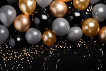 Gold and silver balloons with glittering confetti on isolated black background. Black Friday sale concept.
