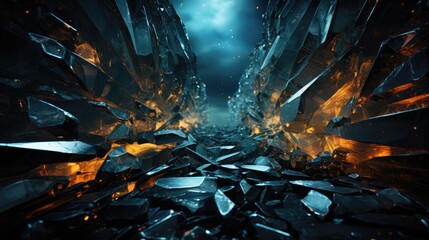 Abstract background of broken flying shards of glass and crystals on a dark background - obrazy, fototapety, plakaty