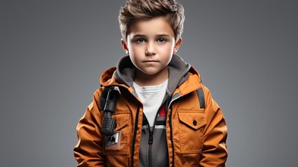 Child boy teenager in a yellow winter jacket on a dark gray background