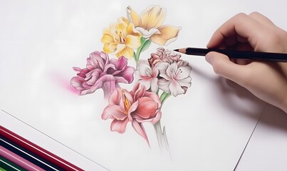 flowers drawn with colored pencils,Generative AI 