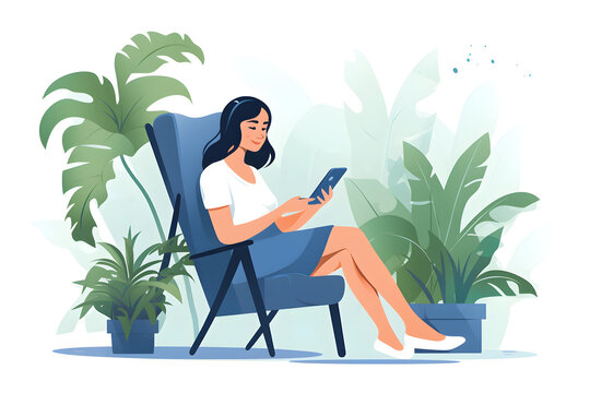 young adult smiling pretty woman sitting on chair holding smartphone using cell phone modern technology, looking at mobile phone while remote working or learning, texting messages at home office