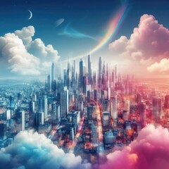 A futuristic city skyline with colorful clouds