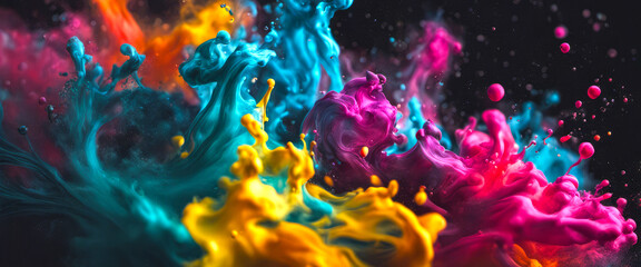 Colorful ink splashes in a black background. The colors are blue, pink, yellow and purple.