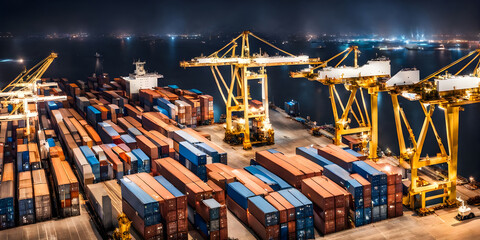 Logistic. container cargo ship loading cargo at industrial port at night. import and export oversea concept