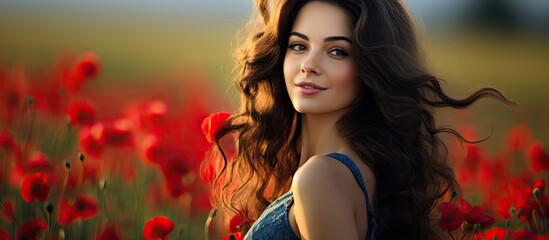 Naklejka premium A stunning youthful lady standing amidst a field adorned with vibrant red poppies