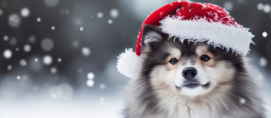 A Lapphund dog from Finland is portrayed outside wearing a Santa hat during the winter season