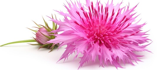 A white background exclusively showcases a cornflower that is pink in color - obrazy, fototapety, plakaty