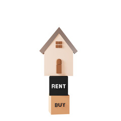 cube with the word 'buy' instead of a cube with the word 'rent' next to a model house.3d illustration.