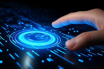 Fototapeta premium Businessman fingerprint scanning and biometric authentication on touch screen interface. Cybersecurity and fingerprint password technology. Generative ai