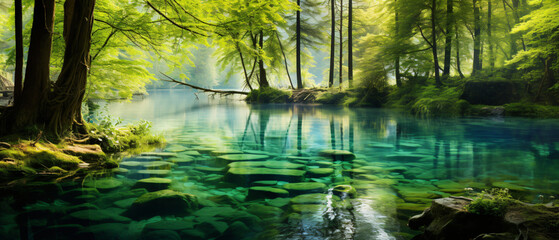 Colorful spring scene of green forest with pure water