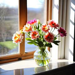 Beautiful flowers in a vase by the window, illuminated by the spring sunshine.(Generative AI)