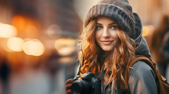 European woman photographer of ethnicity, happy, shooting photos on a camera in a city street