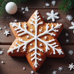 A gingerbread cookie in the shape of a star decorated with white icing in a snowflake pattern