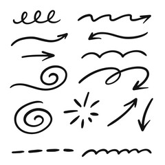 Arrows and line doodle elements set. Handwritten in cartoon style vector art.