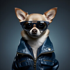 Serious Chihuahua Dog Wearing Dark Blue Jacket.