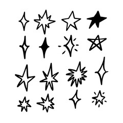 Hand drawn different doodle stars set. Black color in cartoon comic style vector art.
