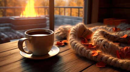 A mug with hot tea and a knitted scarf on a table with a fireplace in the background - obrazy, fototapety, plakaty