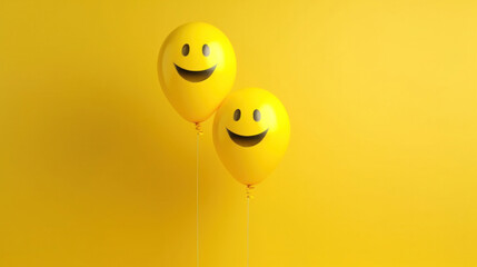 Happy positive family emotion concept, Two yellow balloons with emoji smile on yellow background empty space for text.