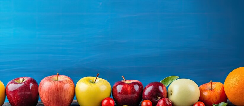 A high quality image capturing ripe fruits upfront including apples accompanied by various vibrant fruits in the backdrop all displayed on a solid vivid blue wooden tabletop