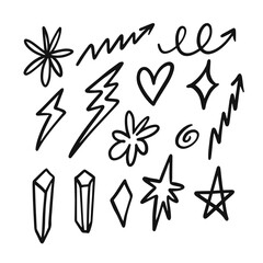 Hand drawn doodle icons set different. Black color in comic style vector clipart.