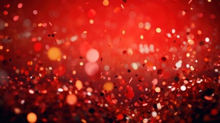 A festive and colorful party with flying neon confetti on a red background - obrazy, fototapety, plakaty