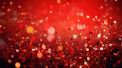 Foto op Plexiglas A festive and colorful party with flying neon confetti on a red background © tashechka