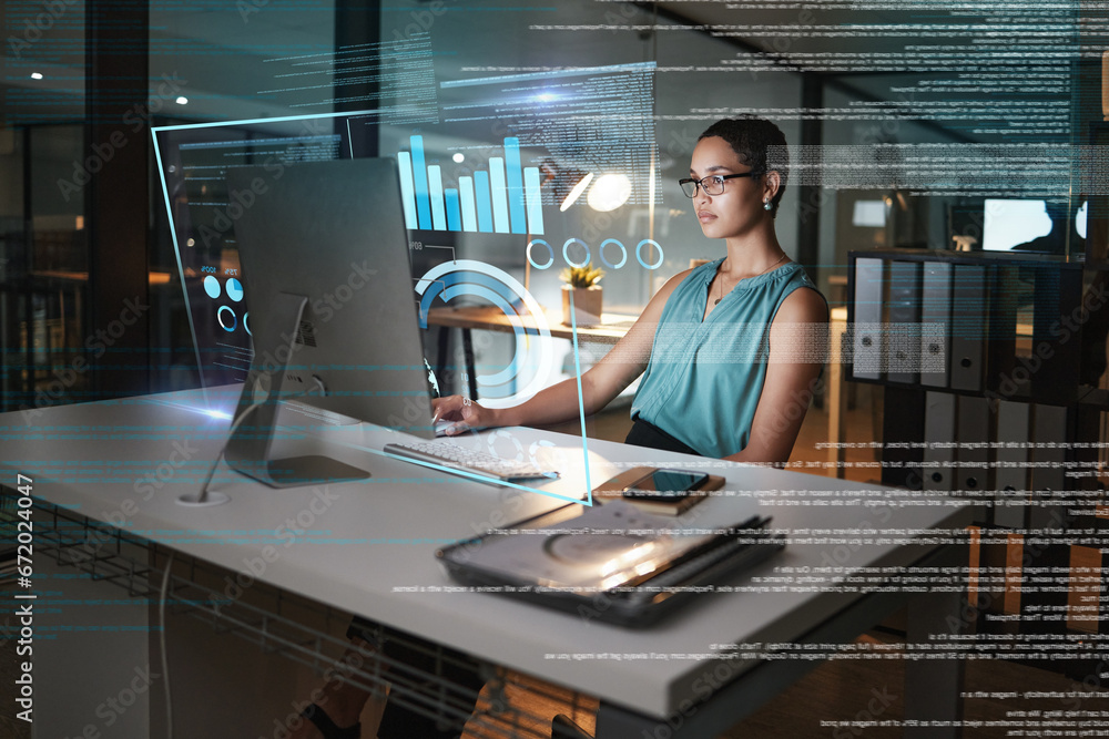 Poster computer, online hologram hud and woman review finance chart, stock market database or future night 