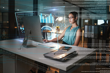 Computer, online hologram hud and woman review finance chart, stock market database or future night overlay. Forex investment dashboard, data analysis and African trader trading NFT or bitcoin crypto